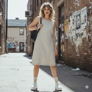 ESSENTIALS STYLE Sheath Dress Womens Small Khaki 100% Cotton Pockets 80s 90s Vtg